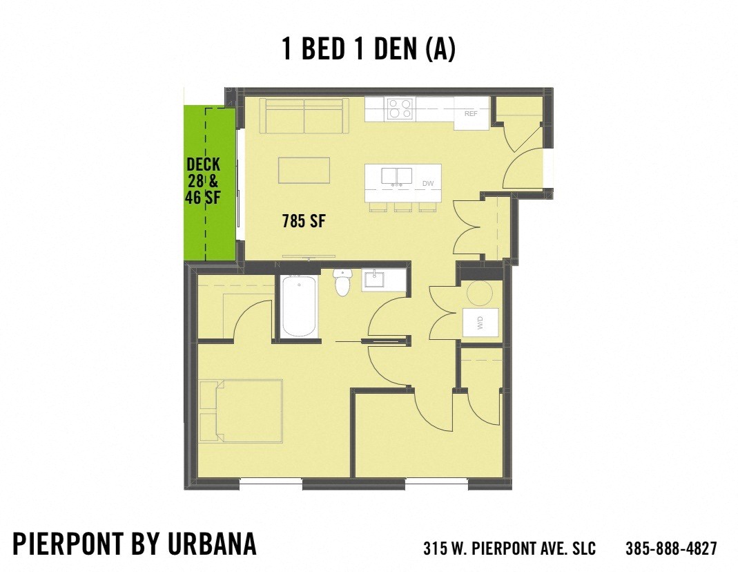 Floor plan for 1 bed, 1 bath, 785 sqft